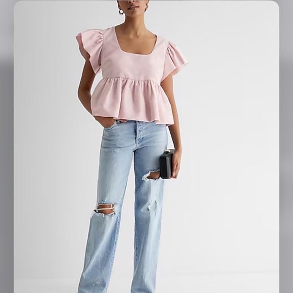 Express Top Women XS Blouse Peplum Shirt Baby Pink  Flutter Sleeve Babydoll Z - Picture 10 of 10